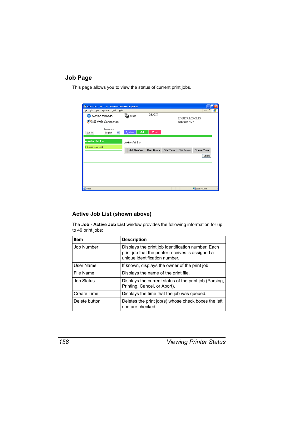 Active job list (shown above), Active job list (shown above) 158, Viewing printer status 158 job page | Konica Minolta Magicolor 7450 User Manual | Page 176 / 272