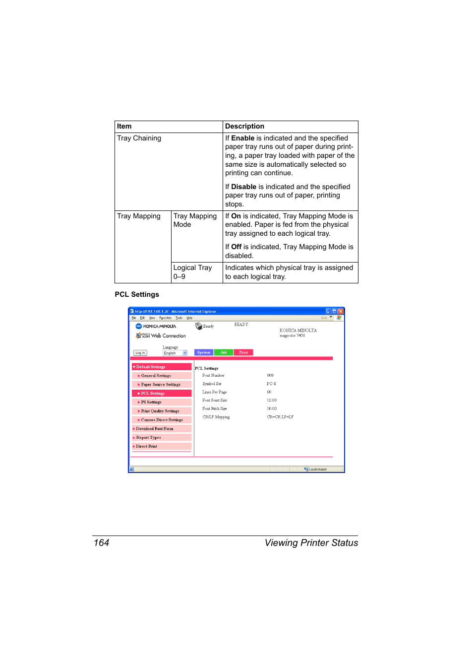 Viewing printer status 164 | Konica Minolta Magicolor 7450 User Manual | Page 182 / 272