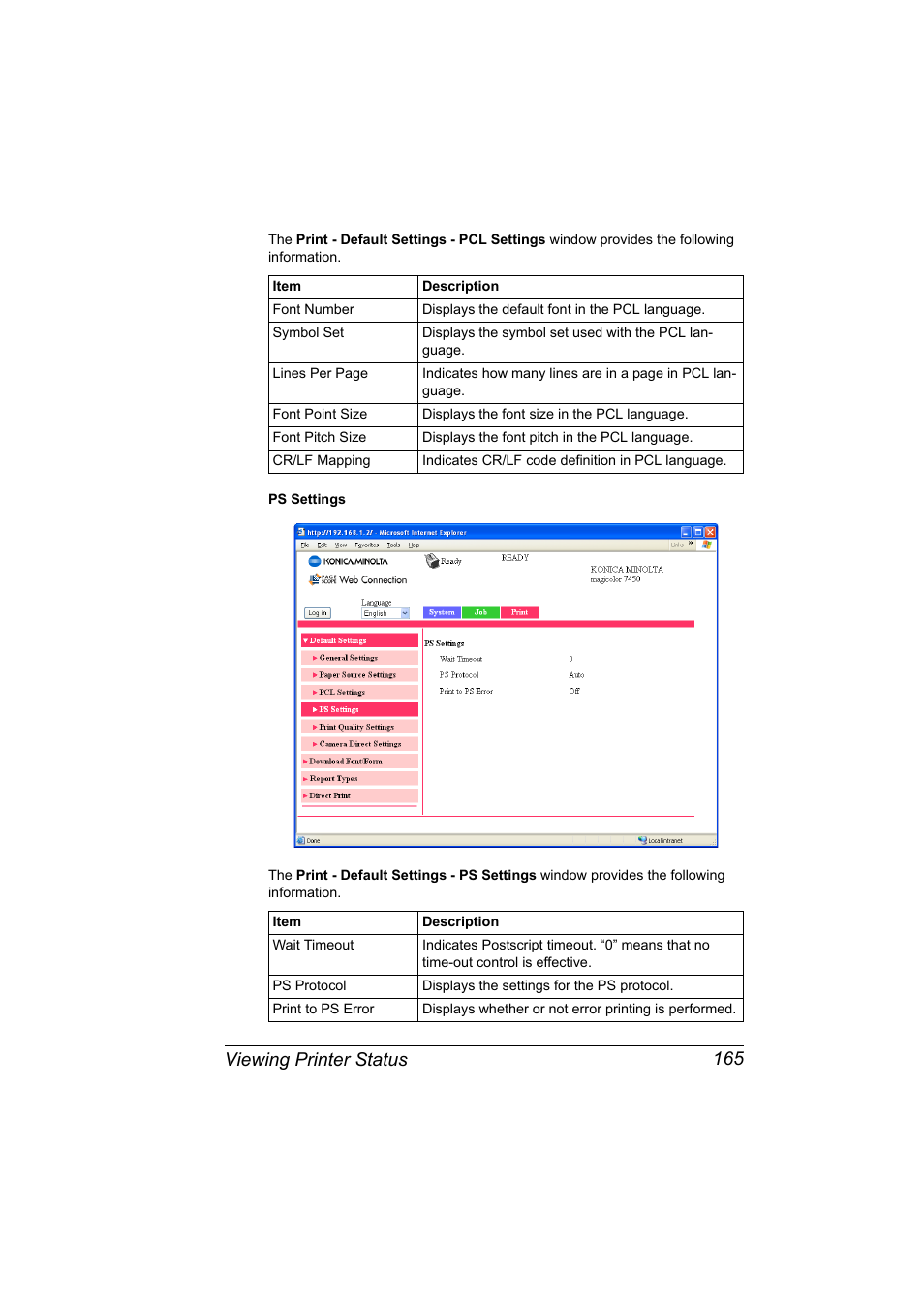 Viewing printer status 165 | Konica Minolta Magicolor 7450 User Manual | Page 183 / 272