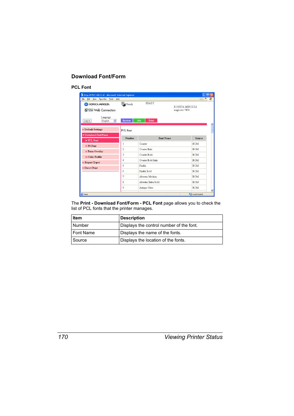 Download font/form, Download font/form 170, Viewing printer status 170 | Konica Minolta Magicolor 7450 User Manual | Page 188 / 272