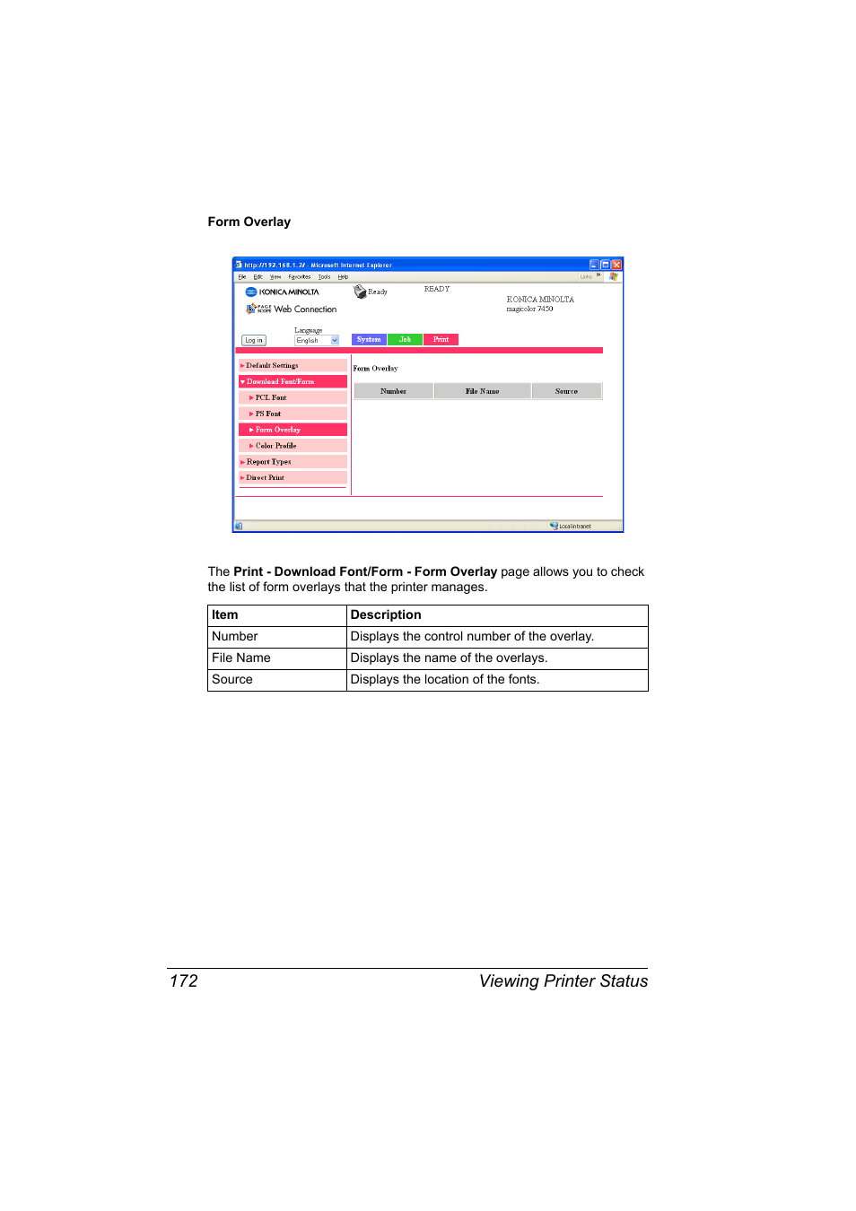 Viewing printer status 172 | Konica Minolta Magicolor 7450 User Manual | Page 190 / 272