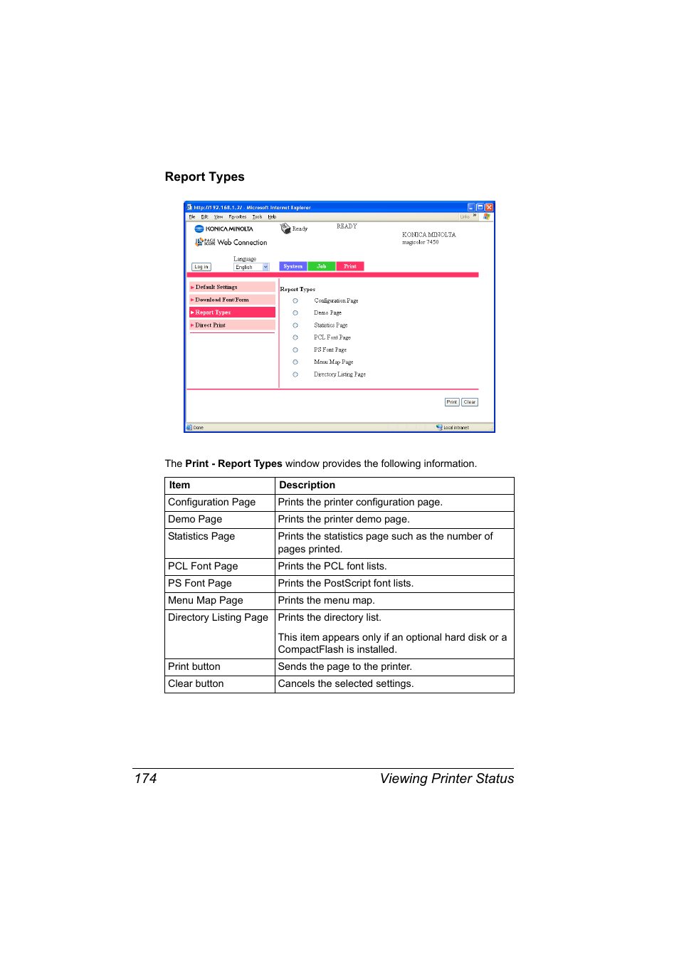 Report types, Report types 174, Viewing printer status 174 | Konica Minolta Magicolor 7450 User Manual | Page 192 / 272