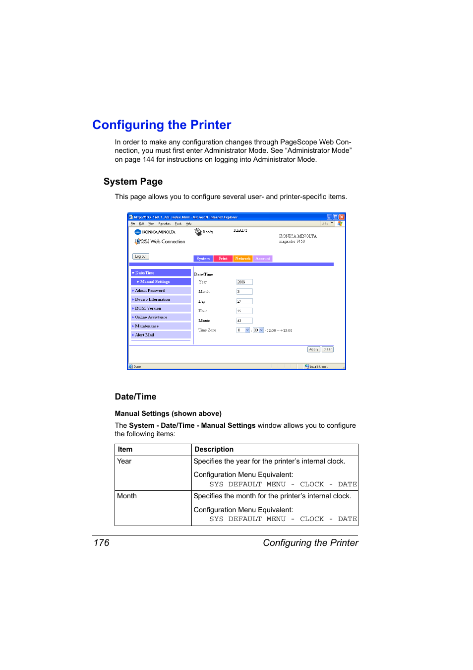 Configuring the printer, Date/time, Configuring the printer 176 | Date/time 176 | Konica Minolta Magicolor 7450 User Manual | Page 194 / 272