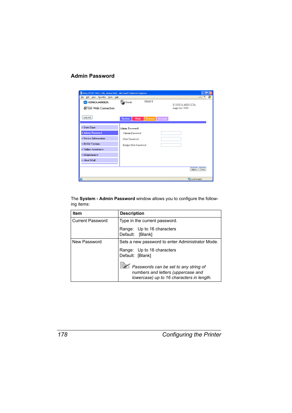 Admin password, Admin password 178 | Konica Minolta Magicolor 7450 User Manual | Page 196 / 272