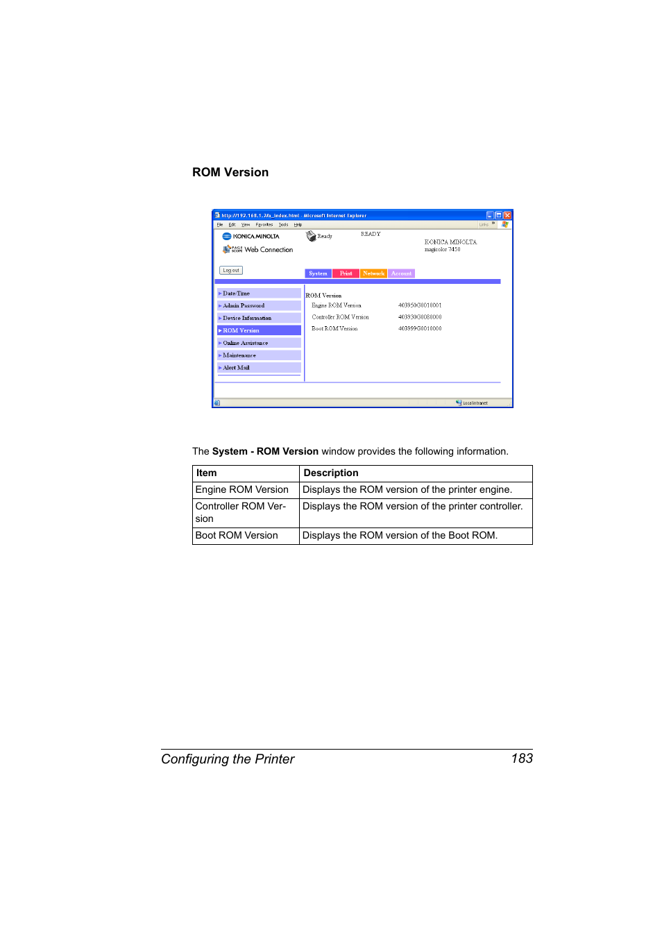 Rom version, Rom version 183, Configuring the printer 183 | Konica Minolta Magicolor 7450 User Manual | Page 201 / 272