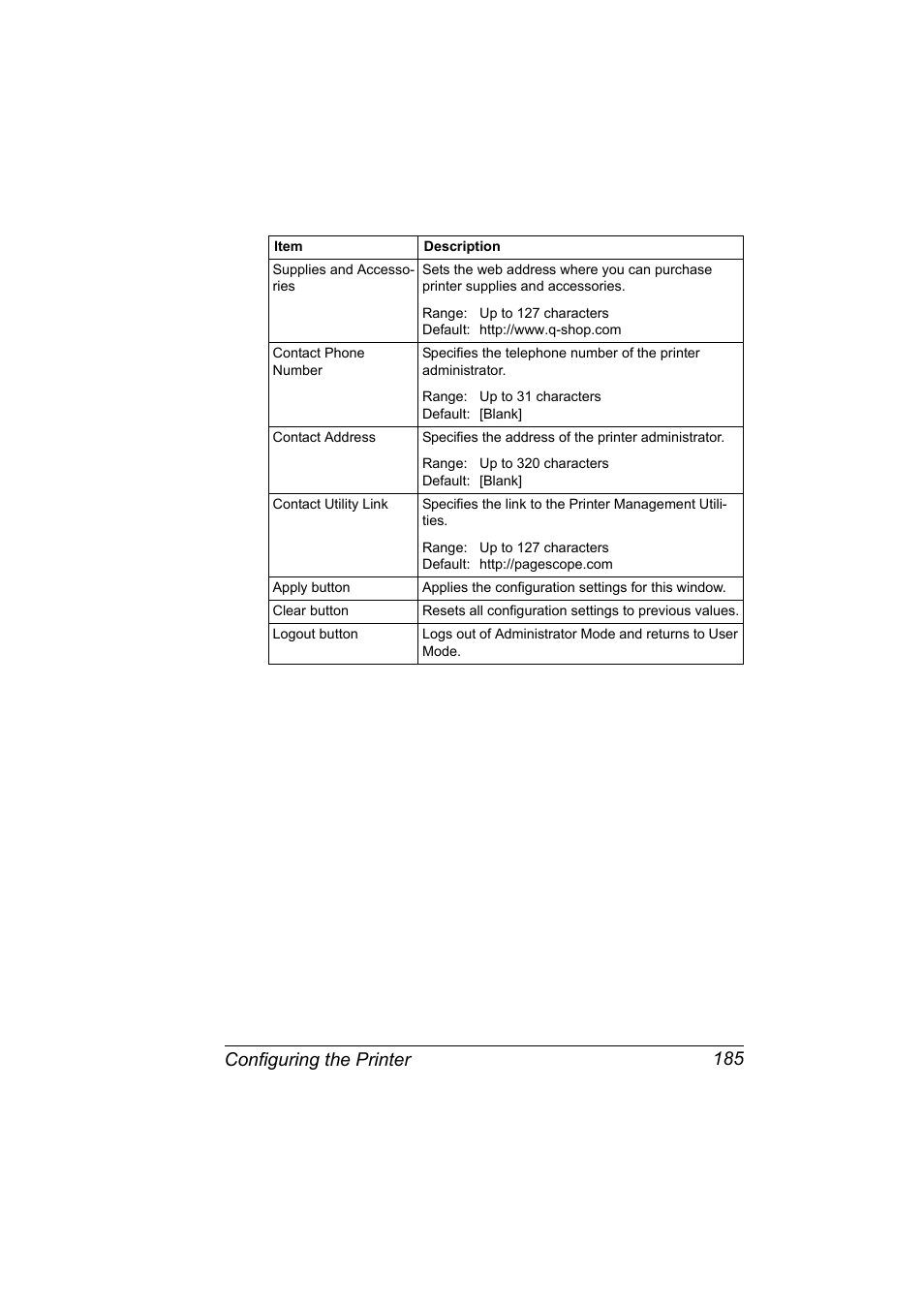 Configuring the printer 185 | Konica Minolta Magicolor 7450 User Manual | Page 203 / 272