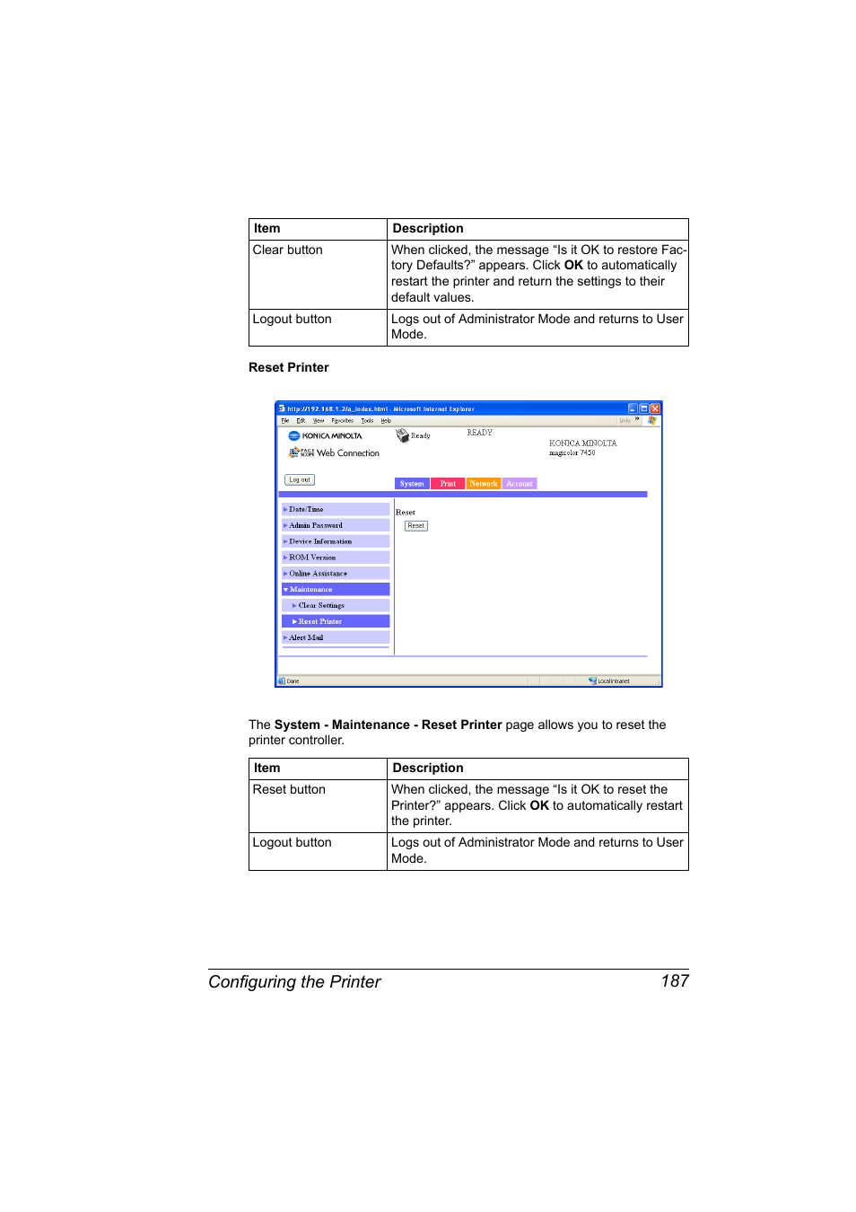 Configuring the printer 187 | Konica Minolta Magicolor 7450 User Manual | Page 205 / 272