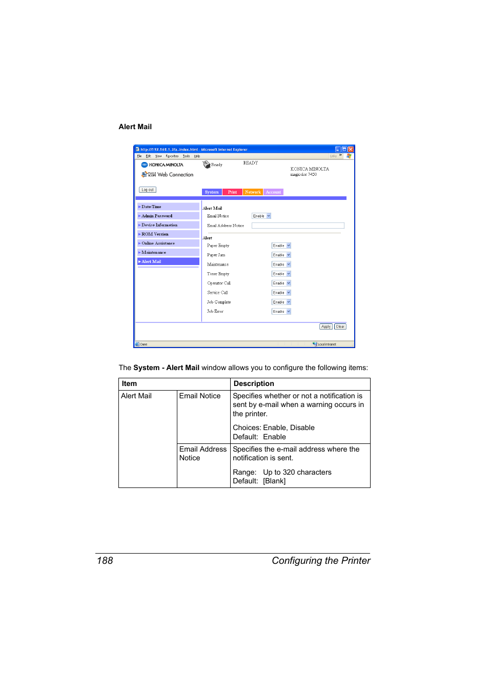 Configuring the printer 188 | Konica Minolta Magicolor 7450 User Manual | Page 206 / 272