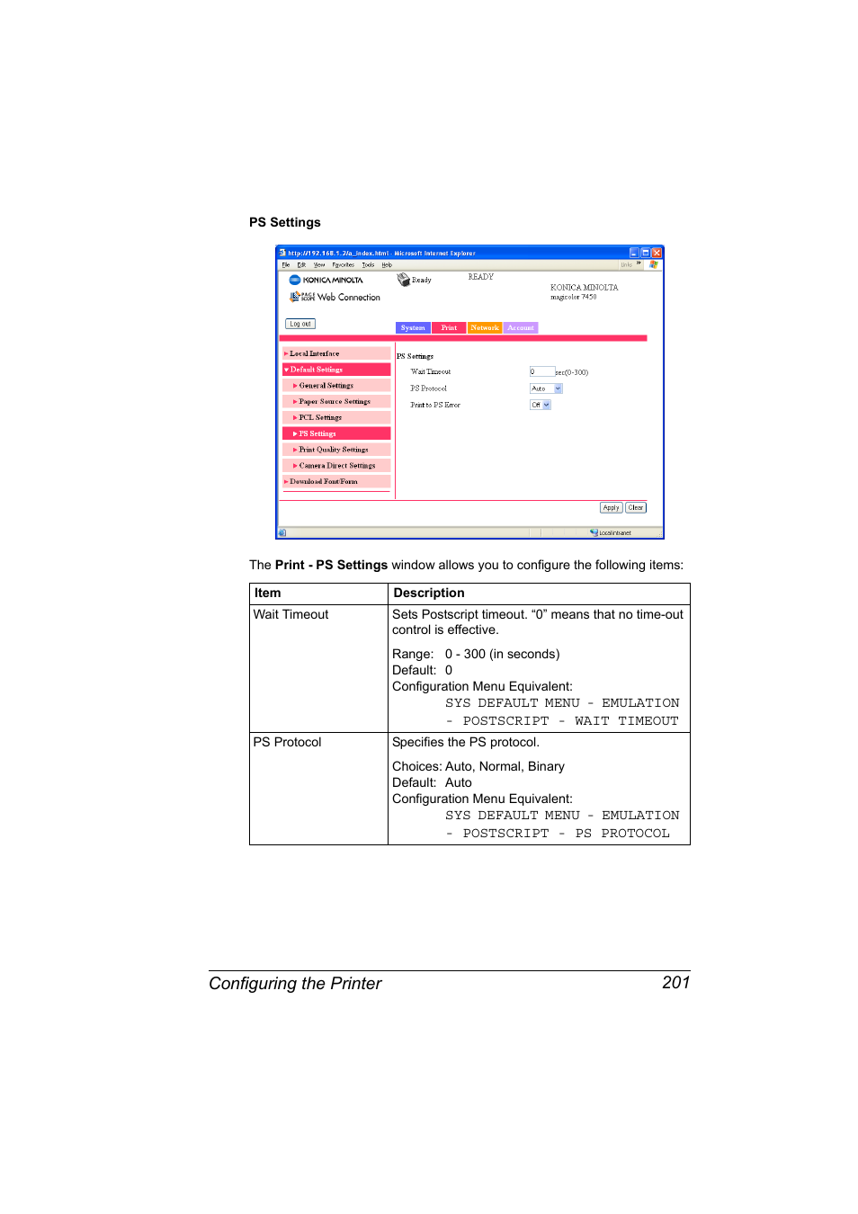 Configuring the printer 201 | Konica Minolta Magicolor 7450 User Manual | Page 219 / 272