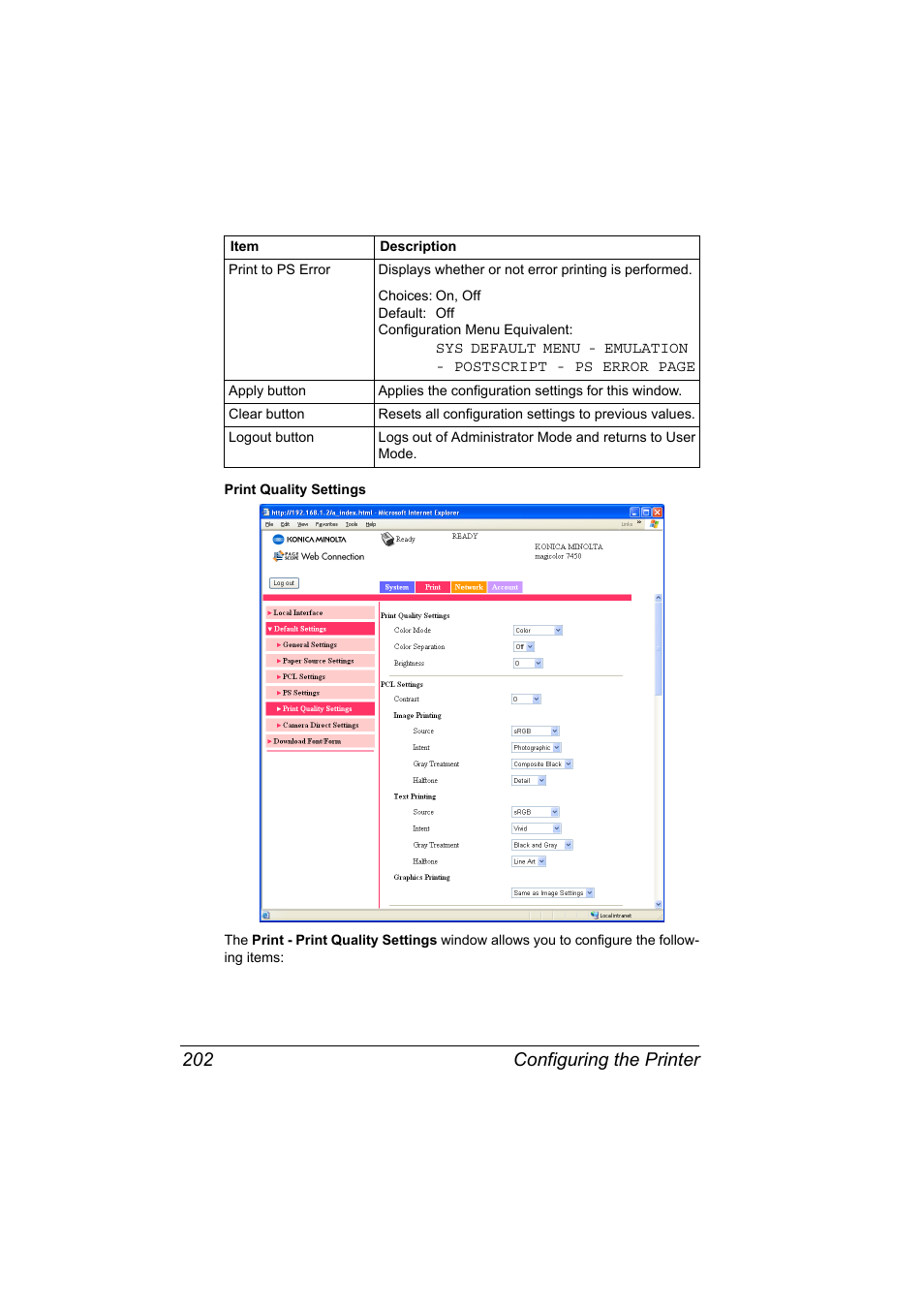 Configuring the printer 202 | Konica Minolta Magicolor 7450 User Manual | Page 220 / 272