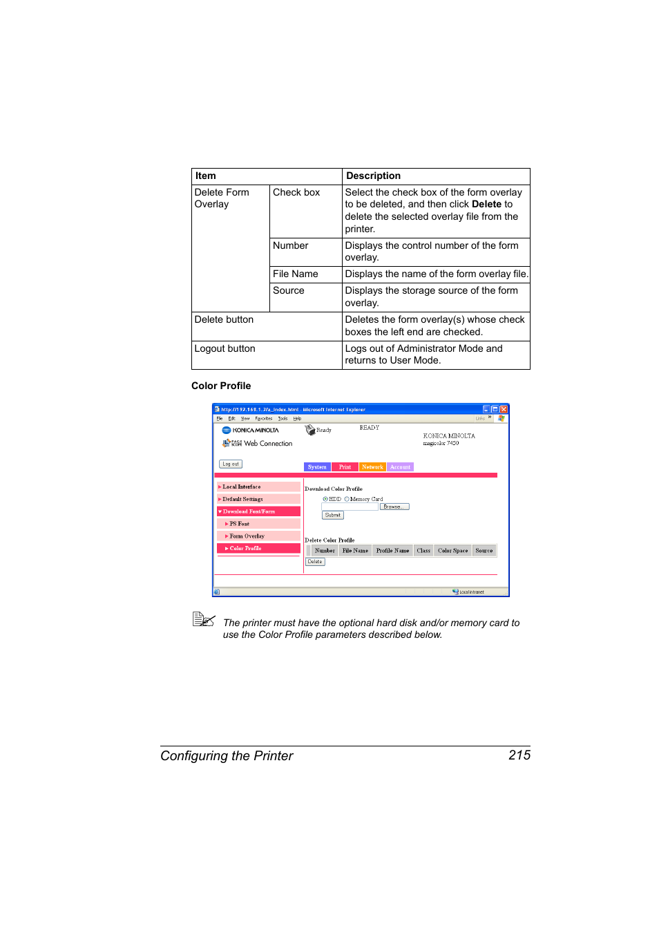 Configuring the printer 215 | Konica Minolta Magicolor 7450 User Manual | Page 233 / 272