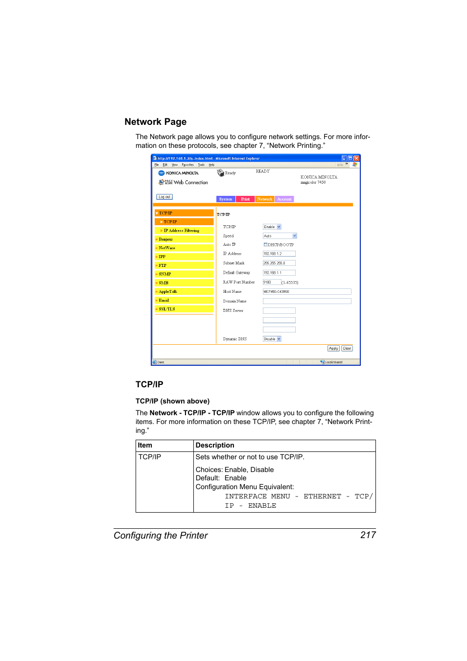 Tcp/ip, Tcp/ip 217, Configuring the printer 217 network page | Konica Minolta Magicolor 7450 User Manual | Page 235 / 272