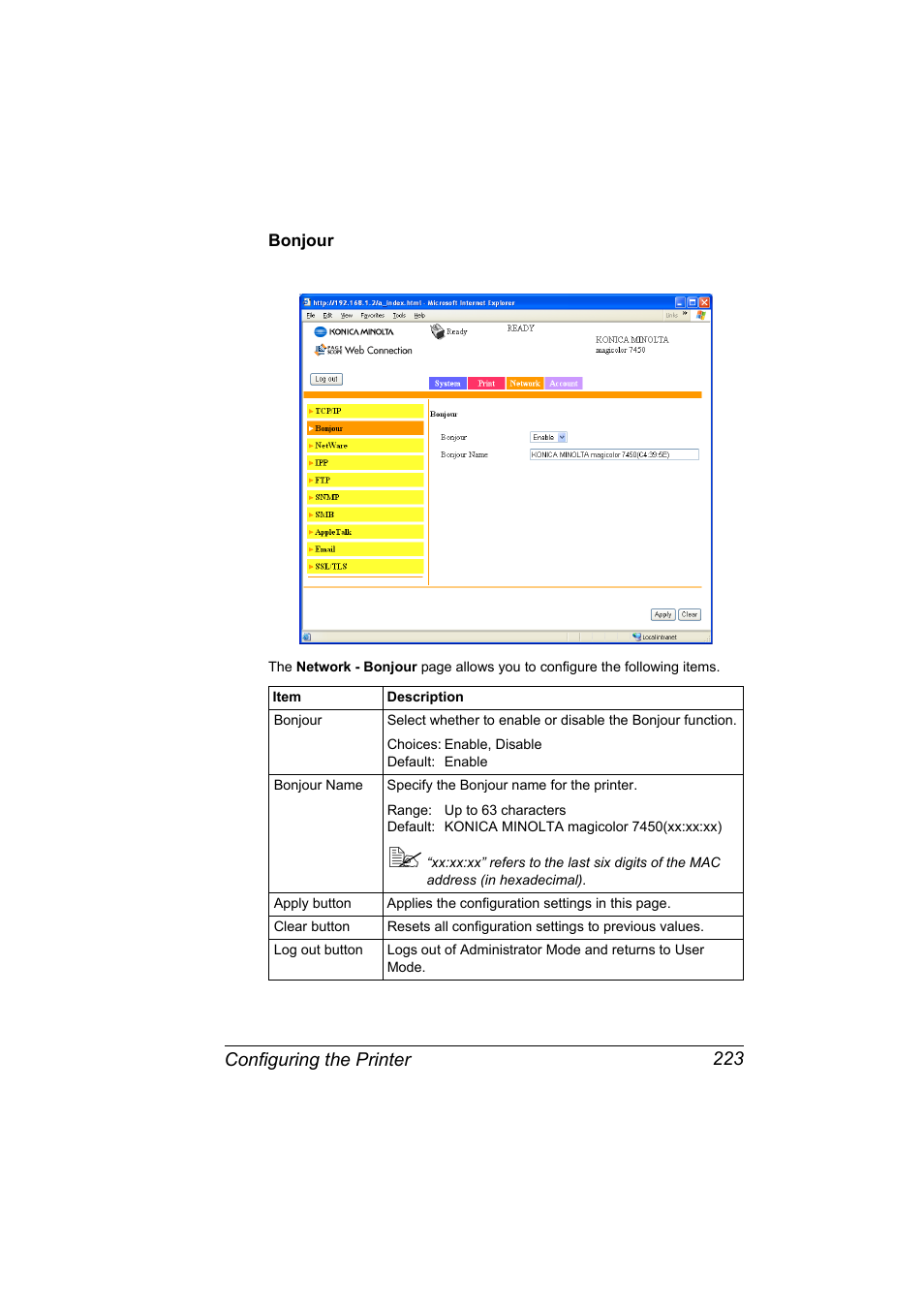 Bonjour, Bonjour 223, Configuring the printer 223 | Konica Minolta Magicolor 7450 User Manual | Page 241 / 272