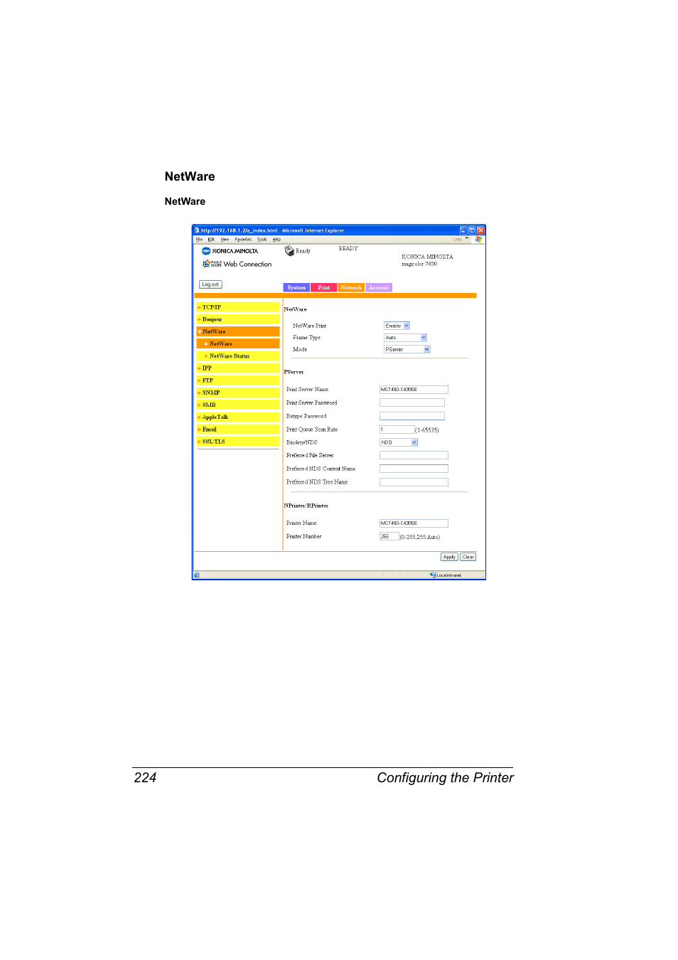 Netware, Netware 224 | Konica Minolta Magicolor 7450 User Manual | Page 242 / 272