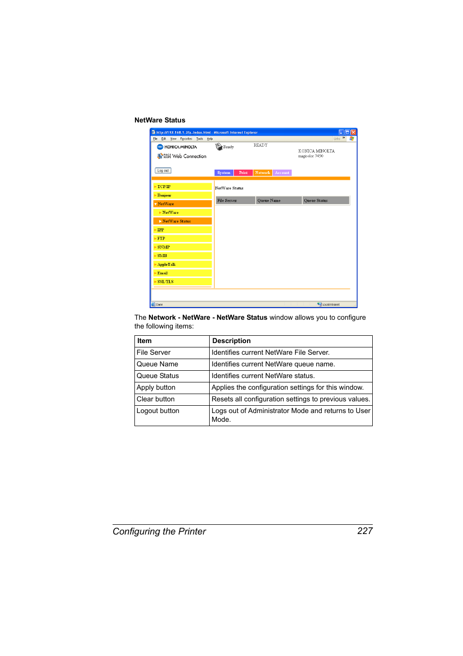 Configuring the printer 227 | Konica Minolta Magicolor 7450 User Manual | Page 245 / 272