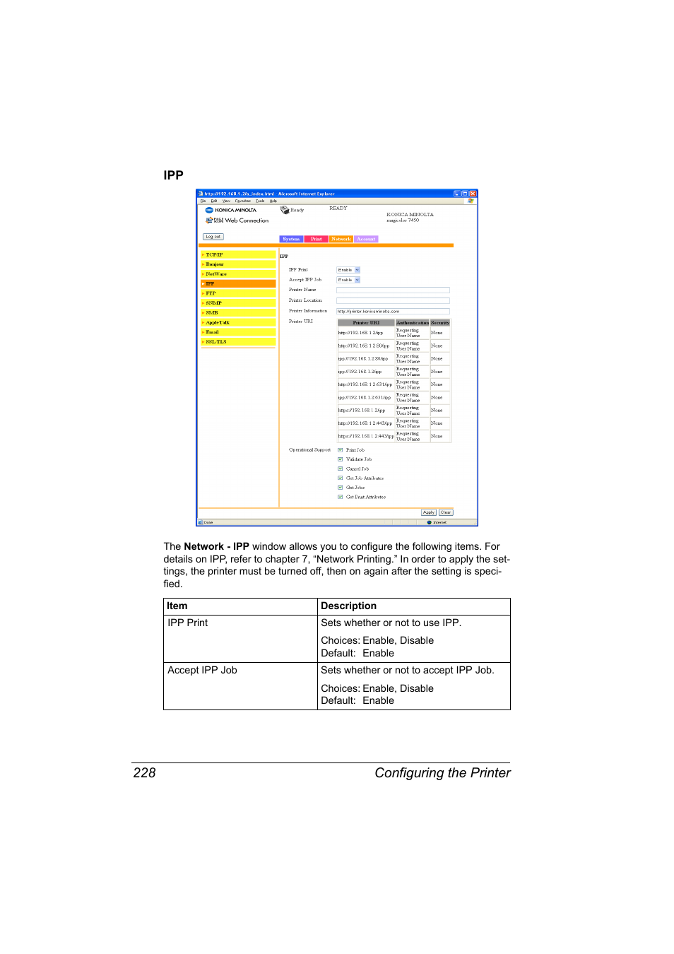 Ipp 228, Configuring the printer 228 | Konica Minolta Magicolor 7450 User Manual | Page 246 / 272