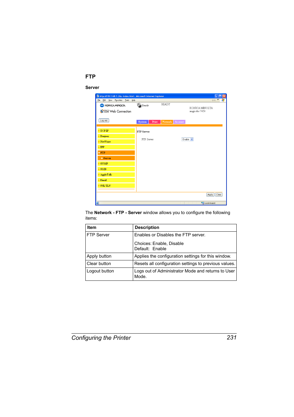 Ftp 231, Configuring the printer 231 | Konica Minolta Magicolor 7450 User Manual | Page 249 / 272