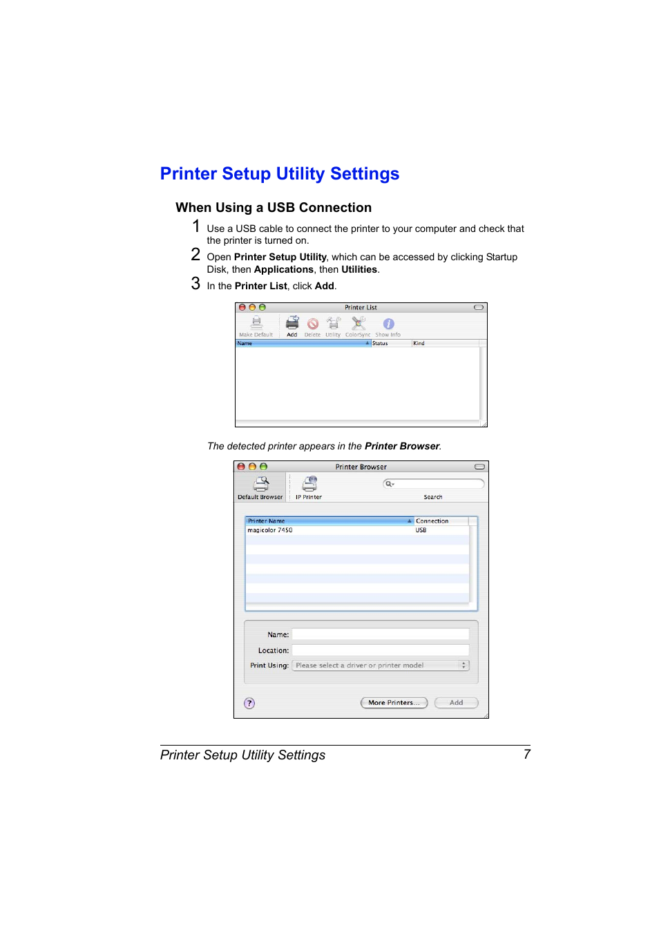 Printer setup utility settings, When using a usb connection, Printer setup utility settings 7 | When using a usb connection 7 | Konica Minolta Magicolor 7450 User Manual | Page 25 / 272