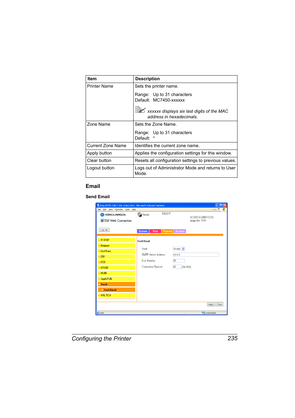 Email, Email 235, Configuring the printer 235 | Konica Minolta Magicolor 7450 User Manual | Page 253 / 272