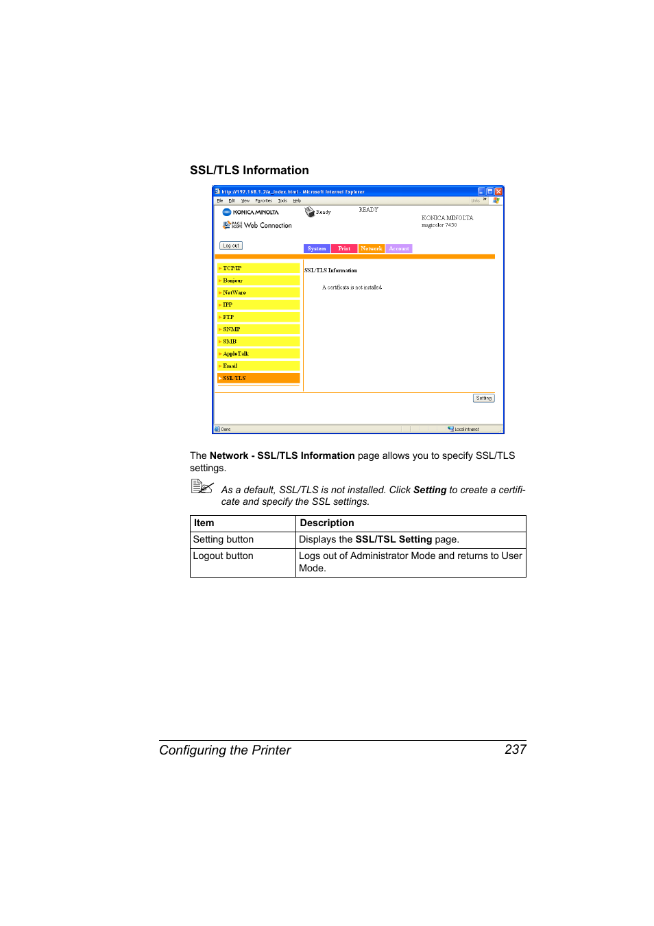 Ssl/tls information, Ssl/tls information 237 | Konica Minolta Magicolor 7450 User Manual | Page 255 / 272