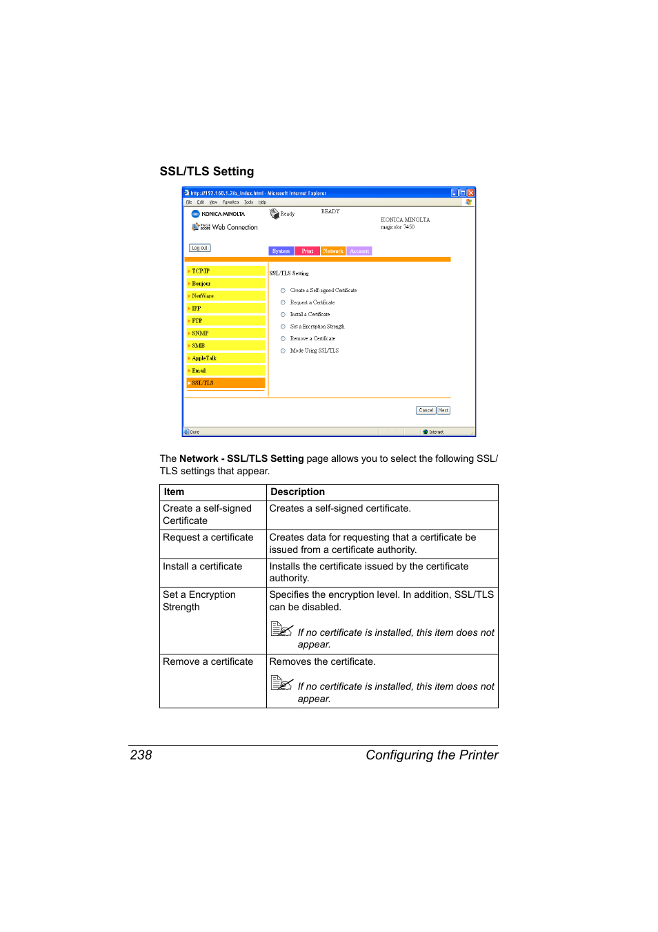 Ssl/tls setting, Ssl/tls setting 238 | Konica Minolta Magicolor 7450 User Manual | Page 256 / 272