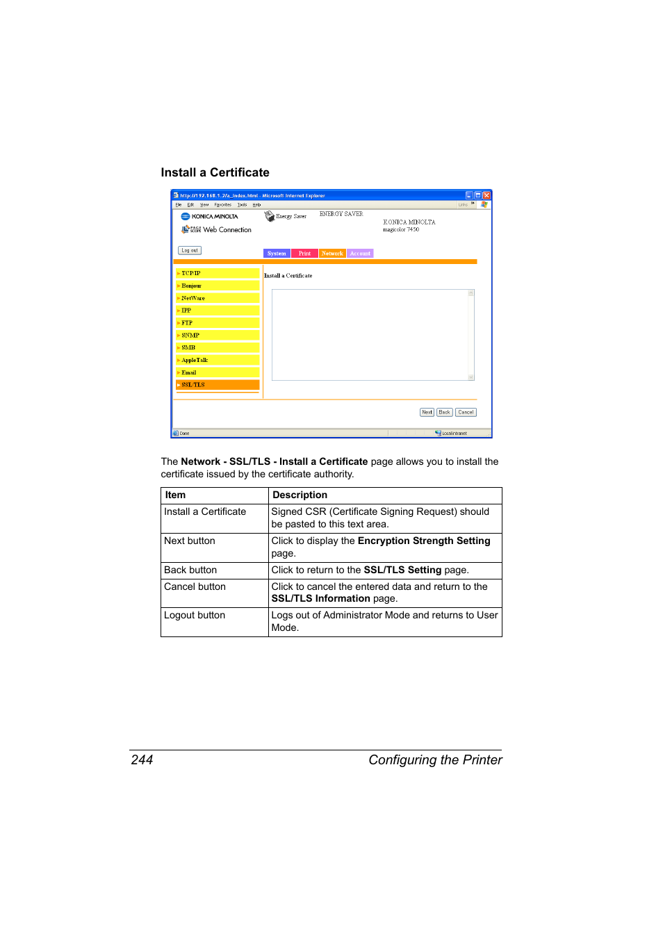 Install a certificate, Install a certificate 244, Configuring the printer 244 | Konica Minolta Magicolor 7450 User Manual | Page 262 / 272