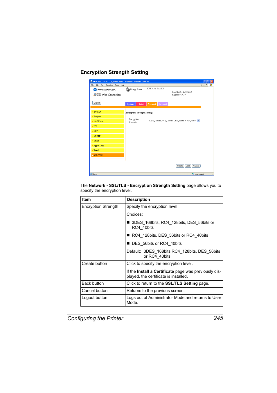 Encryption strength setting, Encryption strength setting 245, Configuring the printer 245 | Konica Minolta Magicolor 7450 User Manual | Page 263 / 272