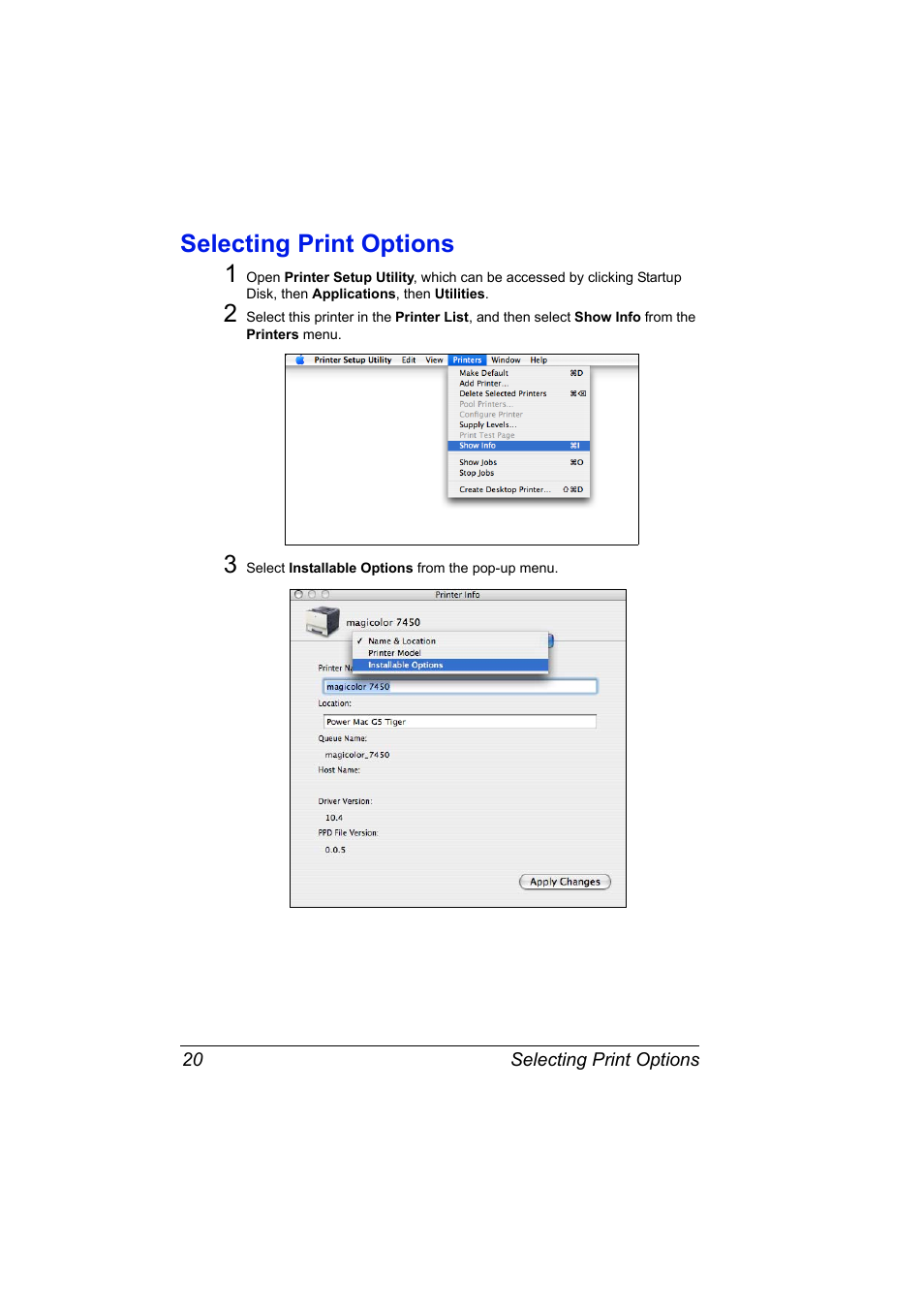 Selecting print options, Selecting print options 20, Selecting print options 1 | Konica Minolta Magicolor 7450 User Manual | Page 38 / 272