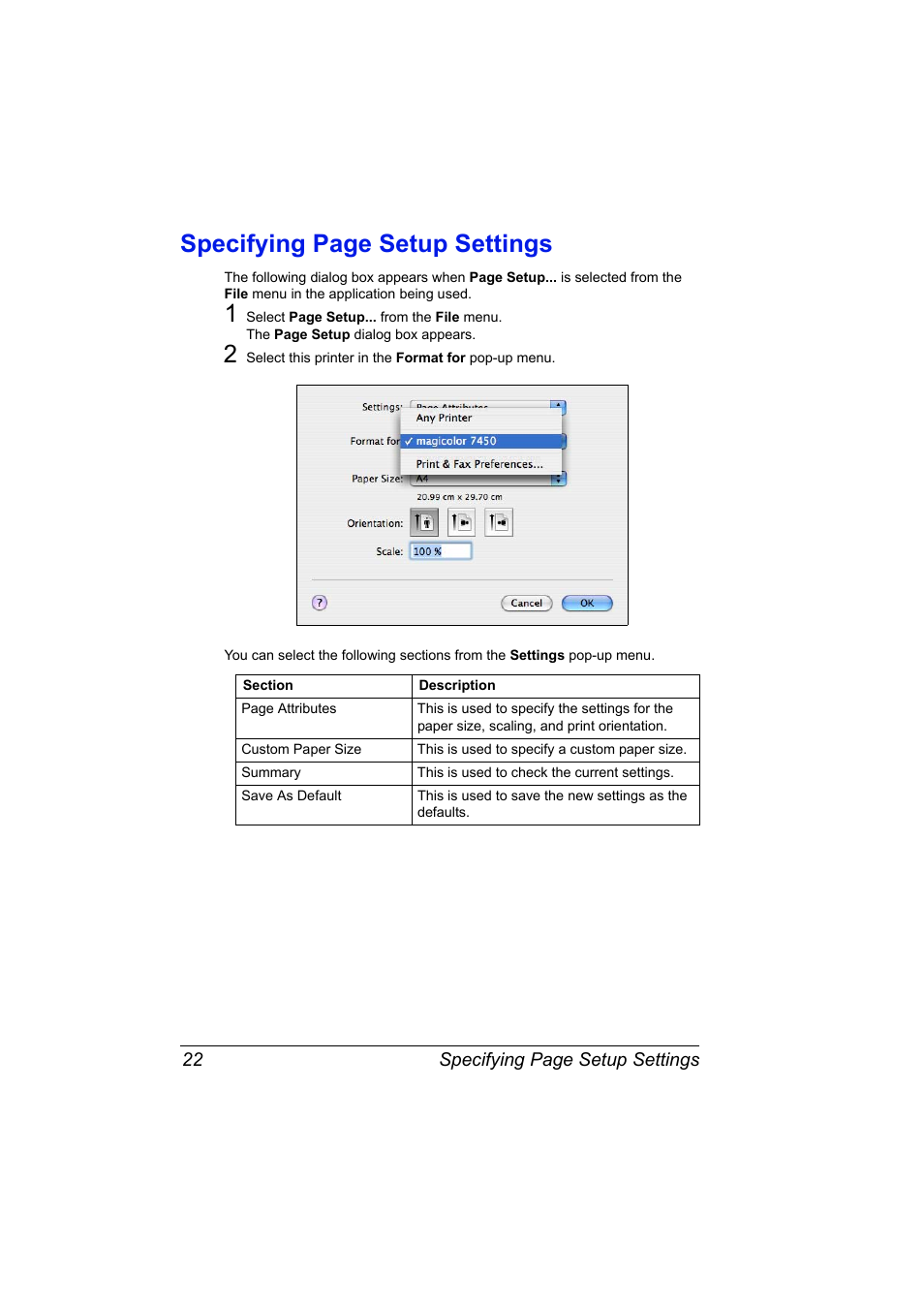 Specifying page setup settings | Konica Minolta Magicolor 7450 User Manual | Page 40 / 272