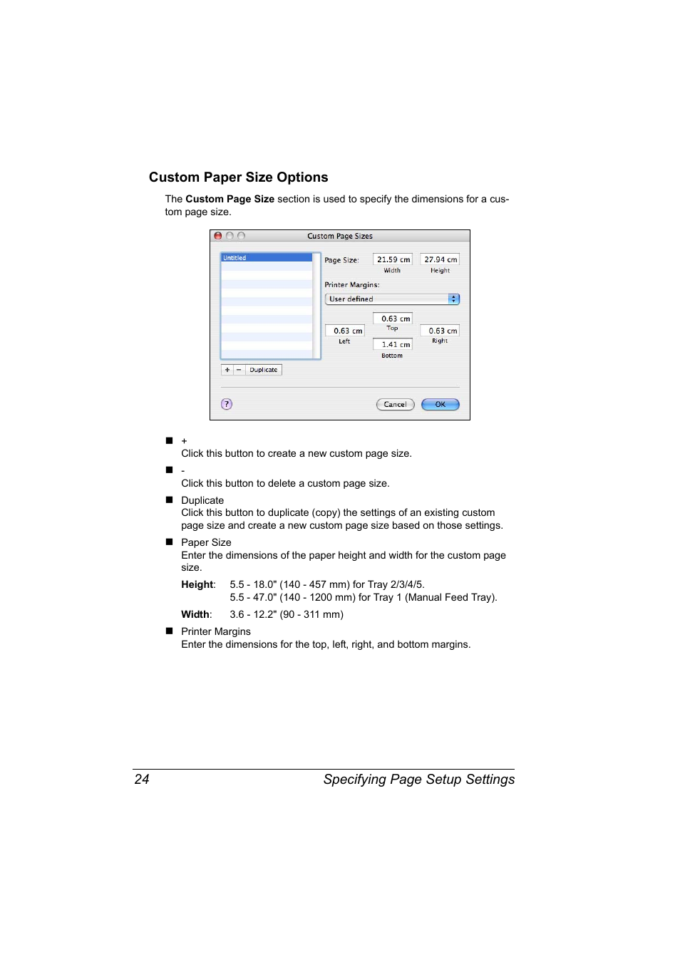 Custom paper size options, Custom paper size options 24 | Konica Minolta Magicolor 7450 User Manual | Page 42 / 272
