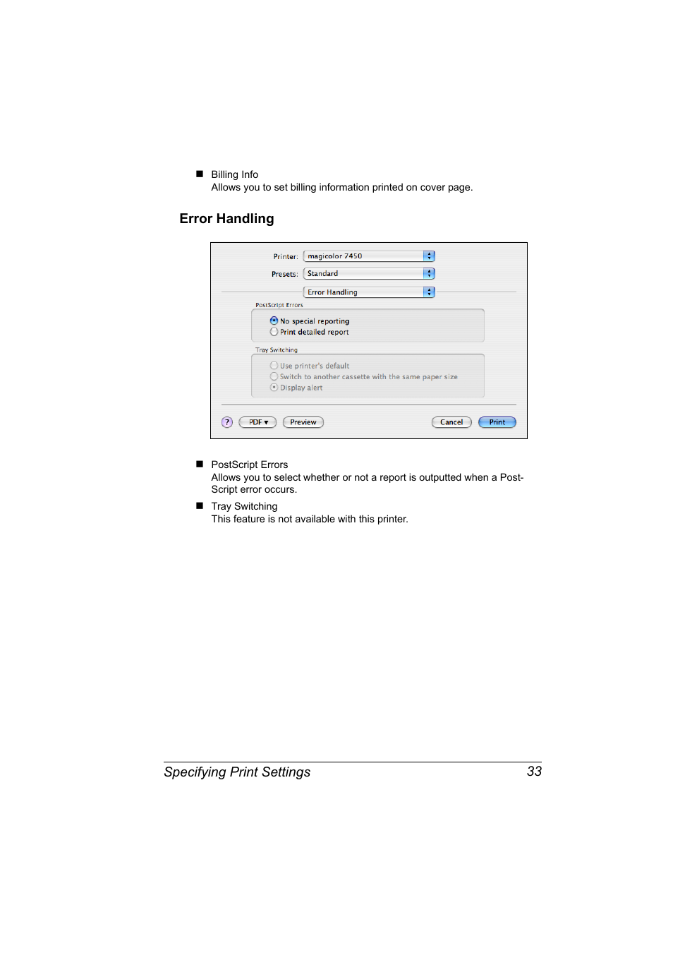 Error handling, Error handling 33 | Konica Minolta Magicolor 7450 User Manual | Page 51 / 272