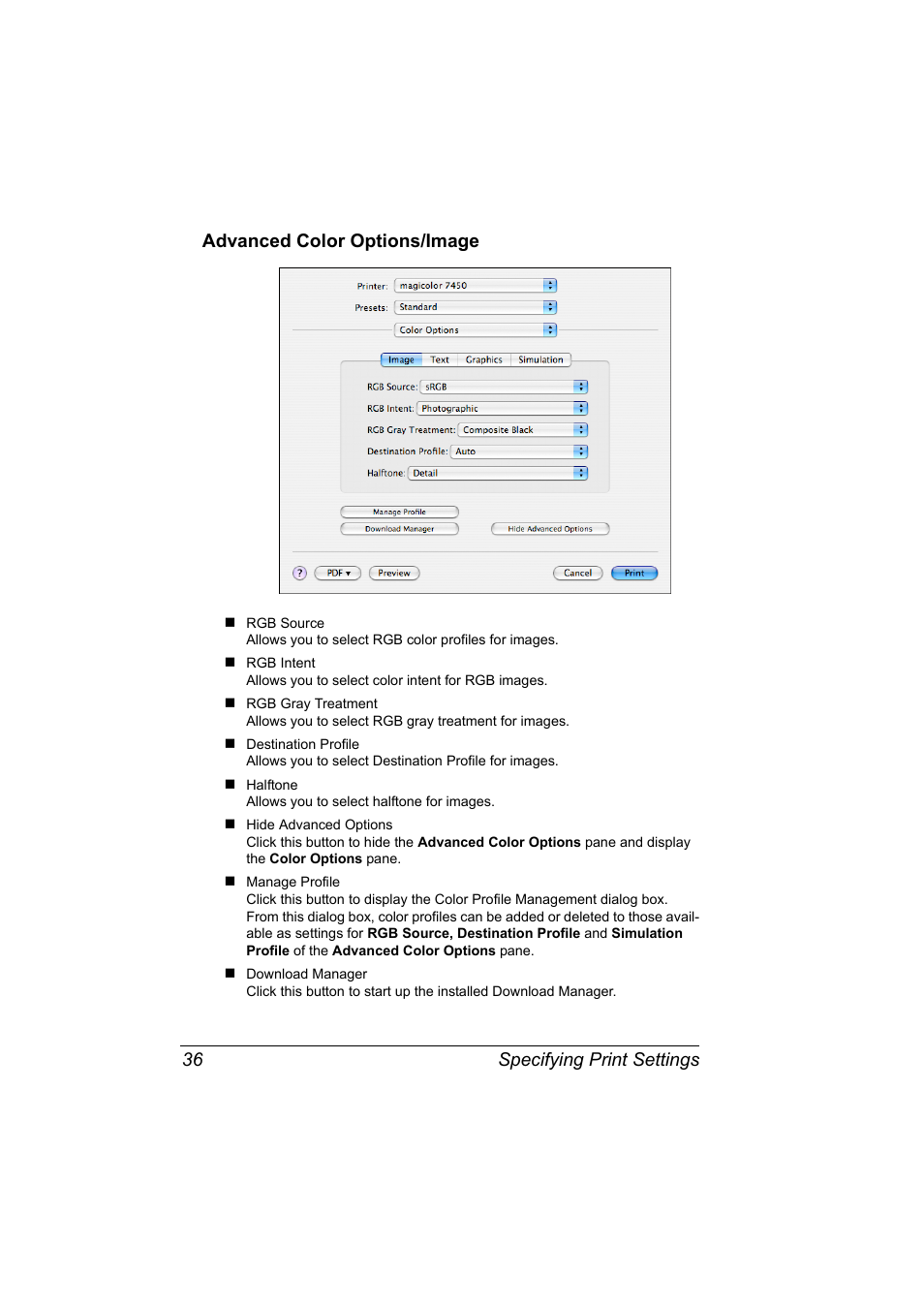 Advanced color options/image, Advanced color options/image 36 | Konica Minolta Magicolor 7450 User Manual | Page 54 / 272