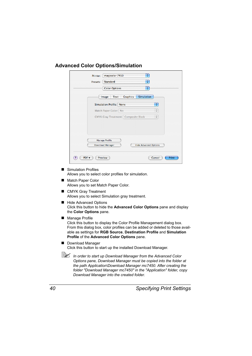 Advanced color options/simulation, Advanced color options/simulation 40 | Konica Minolta Magicolor 7450 User Manual | Page 58 / 272