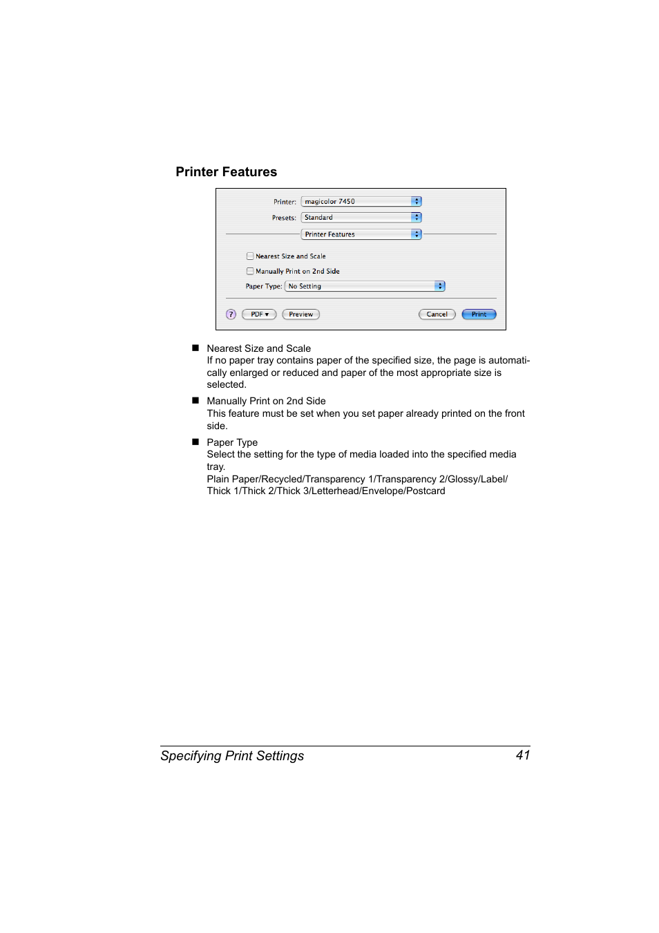 Printer features, Printer features 41 | Konica Minolta Magicolor 7450 User Manual | Page 59 / 272