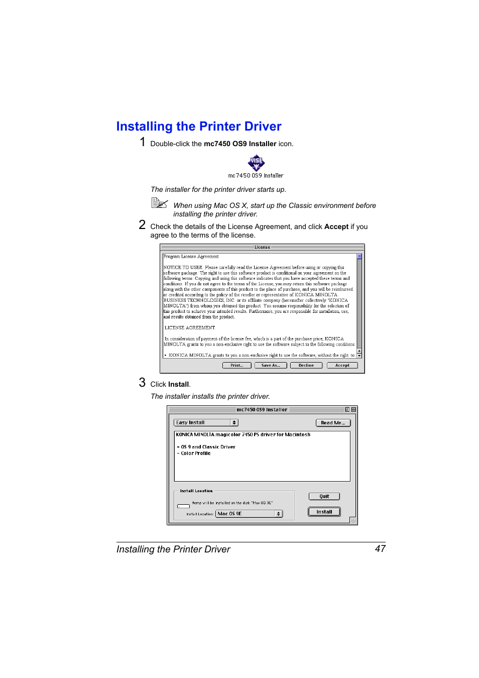 Installing the printer driver, Installing the printer driver 47, Installing the printer driver 1 | Konica Minolta Magicolor 7450 User Manual | Page 65 / 272