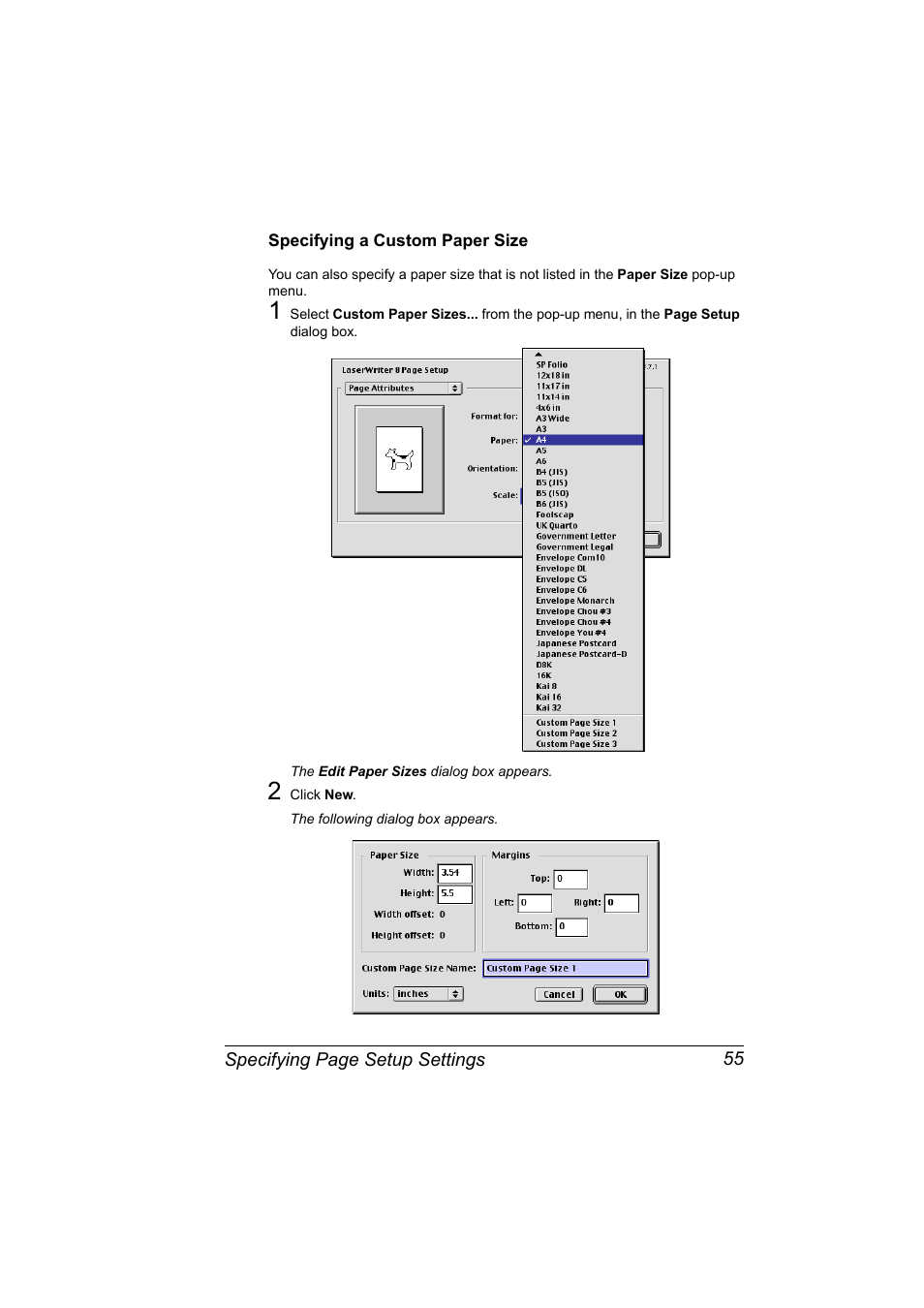 Specifying a custom paper size, Specifying a custom paper size 55 | Konica Minolta Magicolor 7450 User Manual | Page 73 / 272