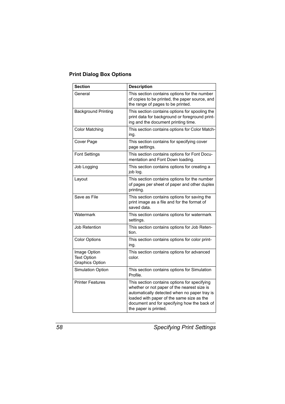 Print dialog box options, Print dialog box options 58, Specifying print settings 58 | Konica Minolta Magicolor 7450 User Manual | Page 76 / 272