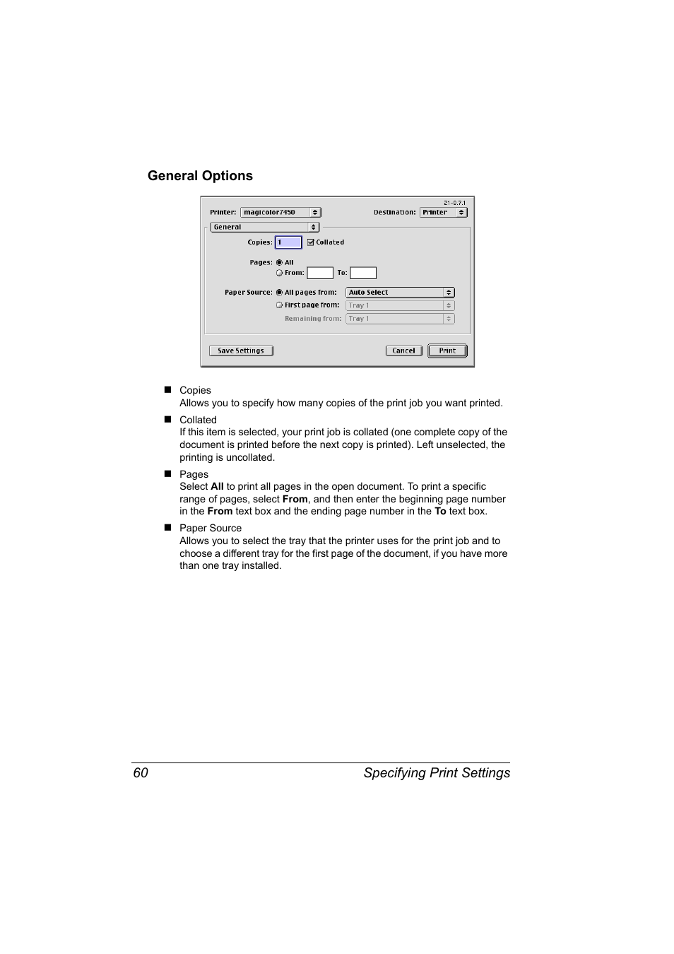 General options, General options 60 | Konica Minolta Magicolor 7450 User Manual | Page 78 / 272