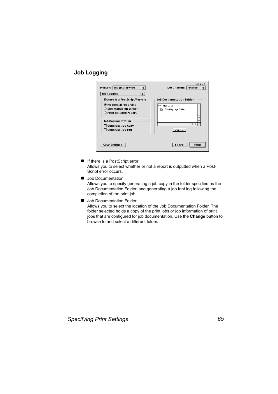 Job logging, Job logging 65 | Konica Minolta Magicolor 7450 User Manual | Page 83 / 272