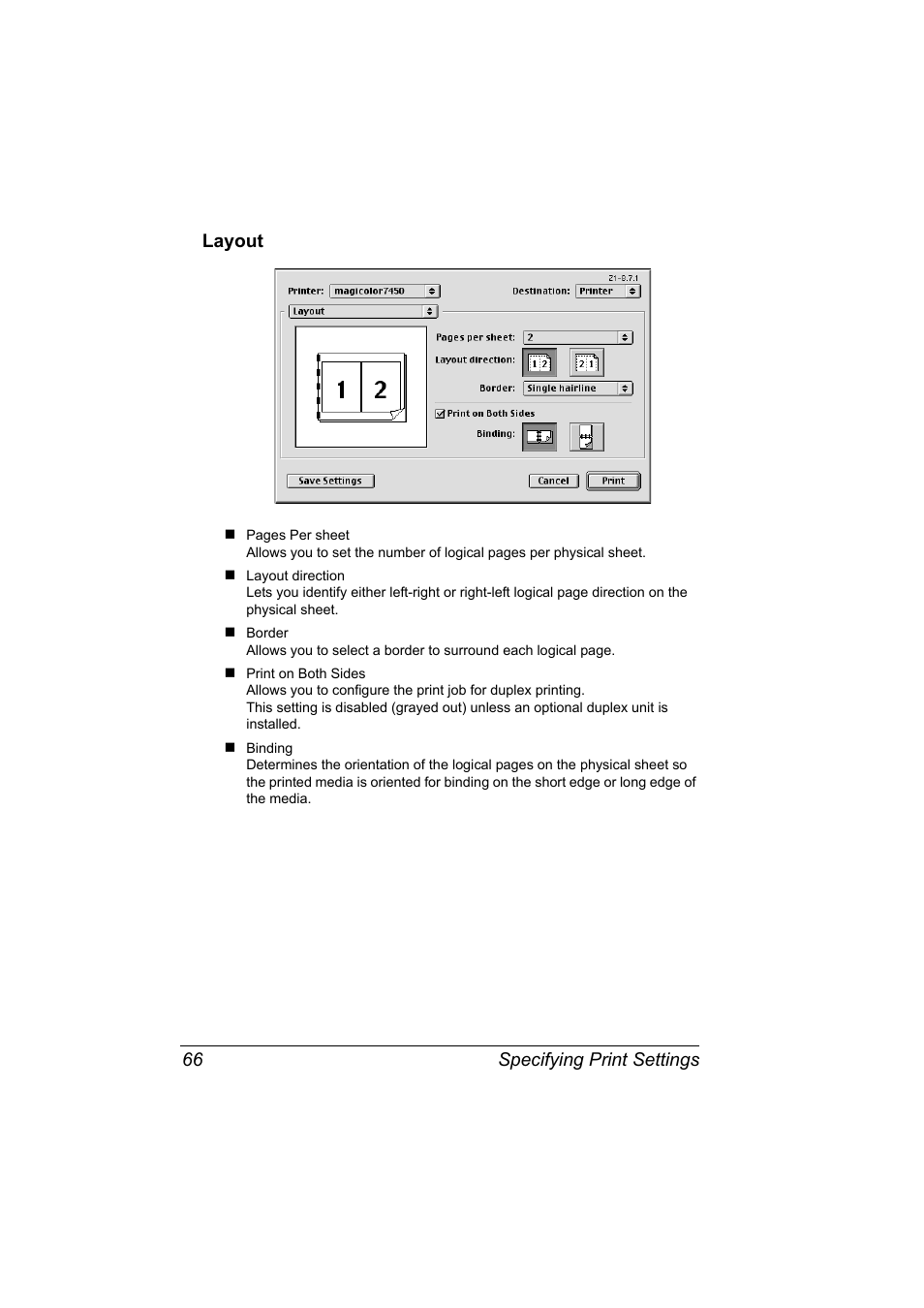 Layout, Layout 66, Specifying print settings 66 layout | Konica Minolta Magicolor 7450 User Manual | Page 84 / 272