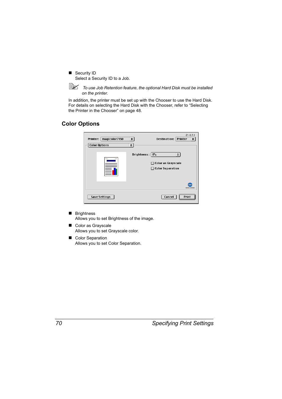 Color options, Color options 70 | Konica Minolta Magicolor 7450 User Manual | Page 88 / 272