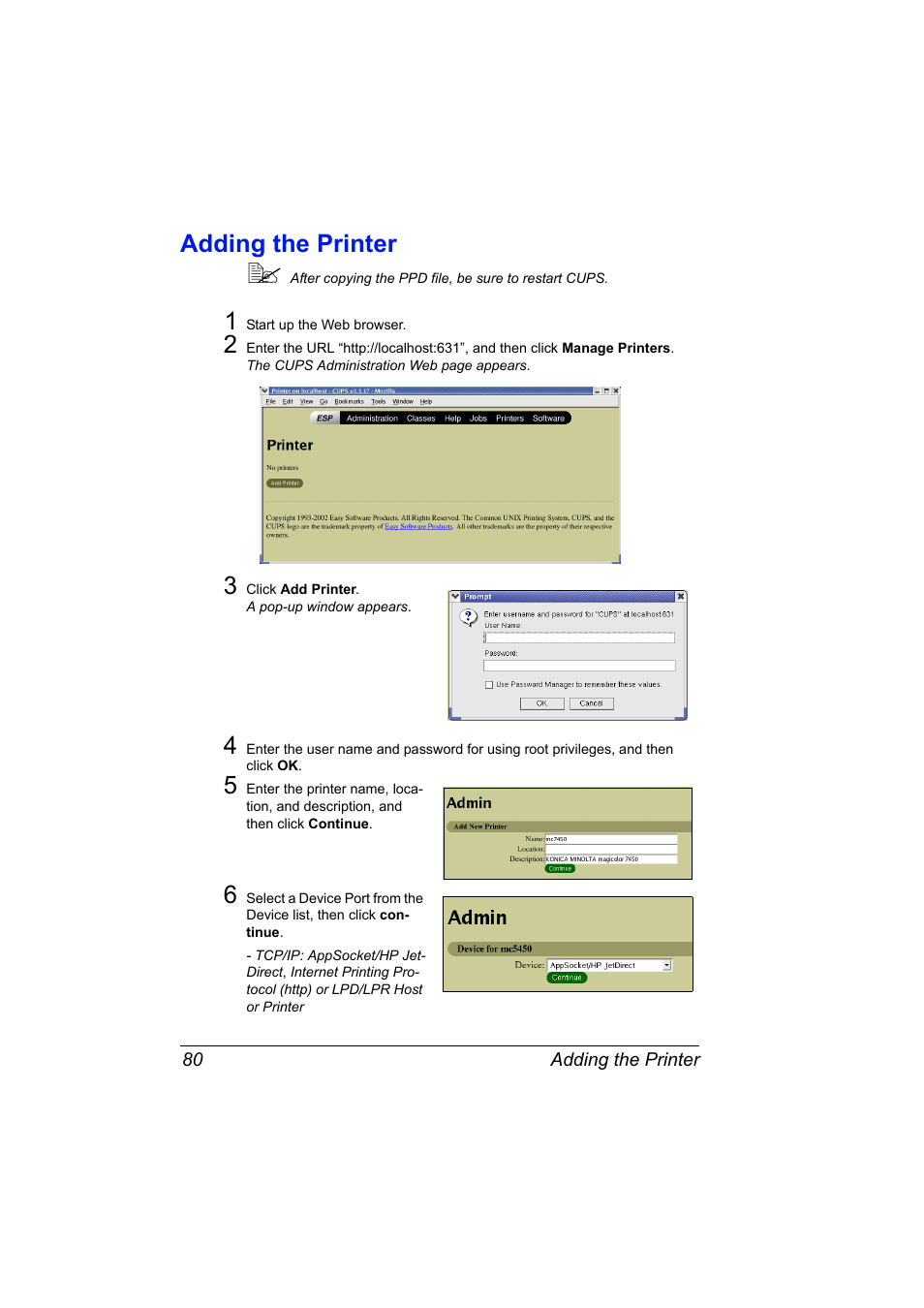Adding the printer, Adding the printer 80 | Konica Minolta Magicolor 7450 User Manual | Page 98 / 272
