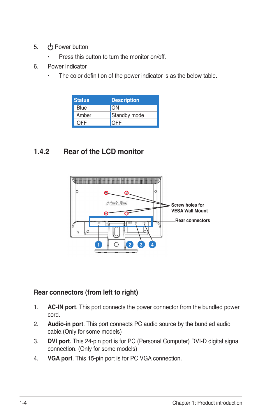 2 rear of the lcd monitor, Rear connectors (from left to right) | Asus VW 198 Series User Manual | Page 10 / 19