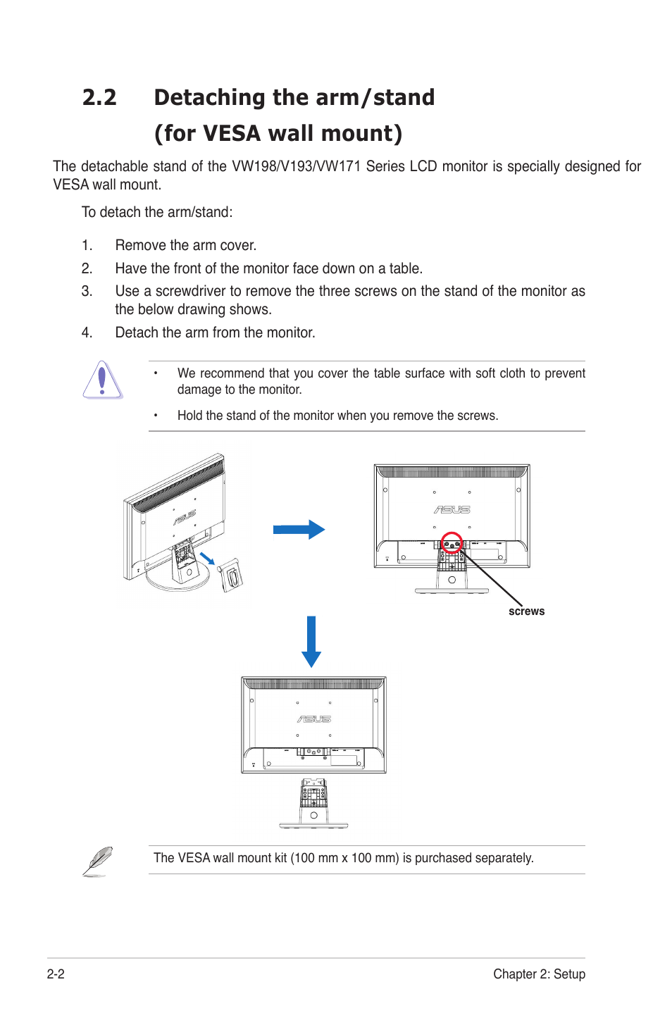 2 detaching the arm/stand (for vesa wall mount) | Asus VW 198 Series User Manual | Page 12 / 19