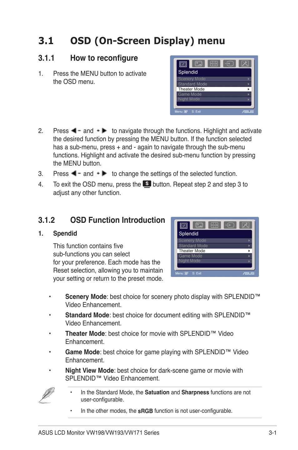 1 osd (on-screen display) menu, 1 how to reconfigure, 2 osd function introduction | Asus VW 198 Series User Manual | Page 13 / 19