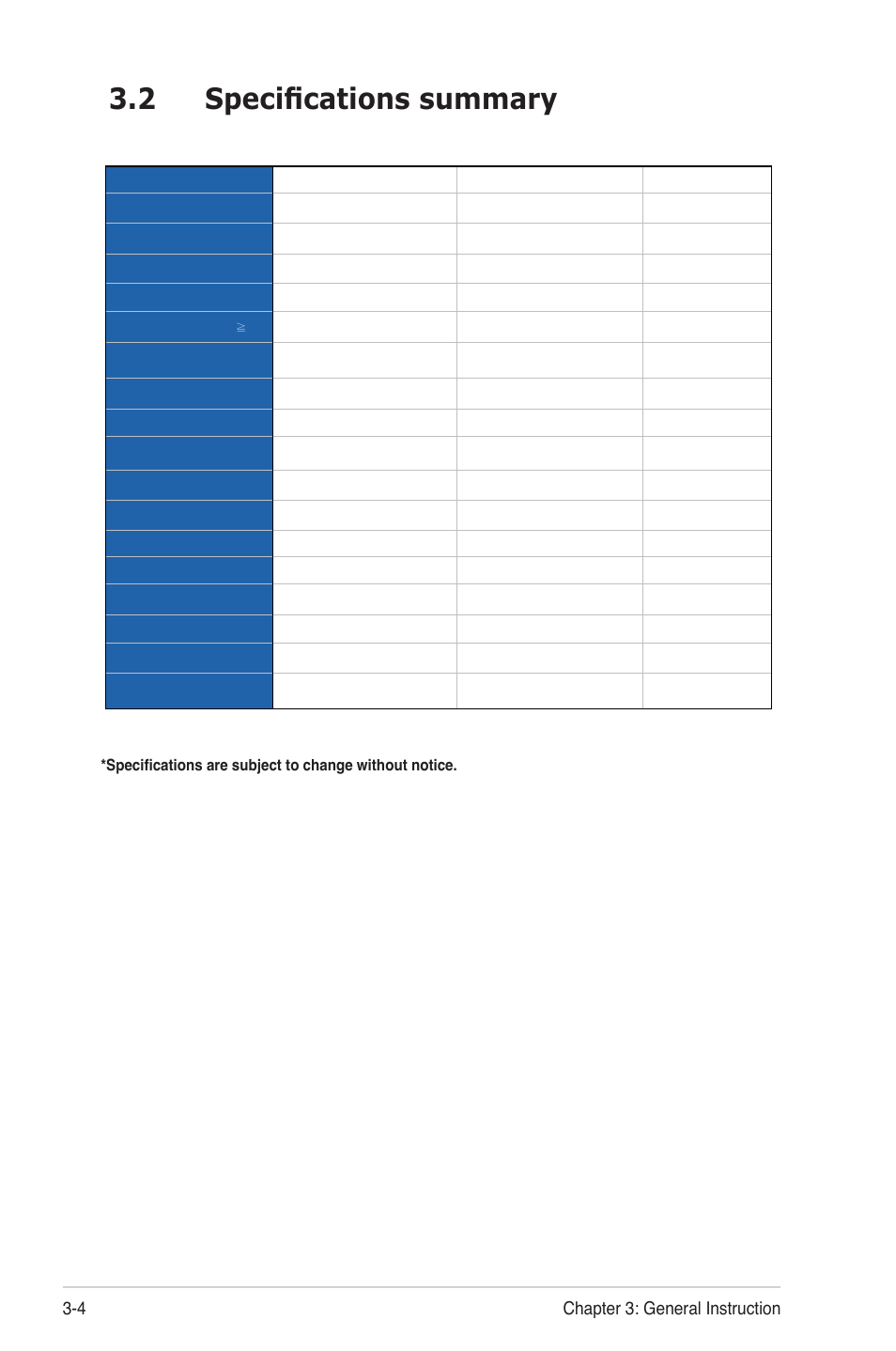2 specifications summary, 4 chapter 3: general instruction | Asus VW 198 Series User Manual | Page 16 / 19