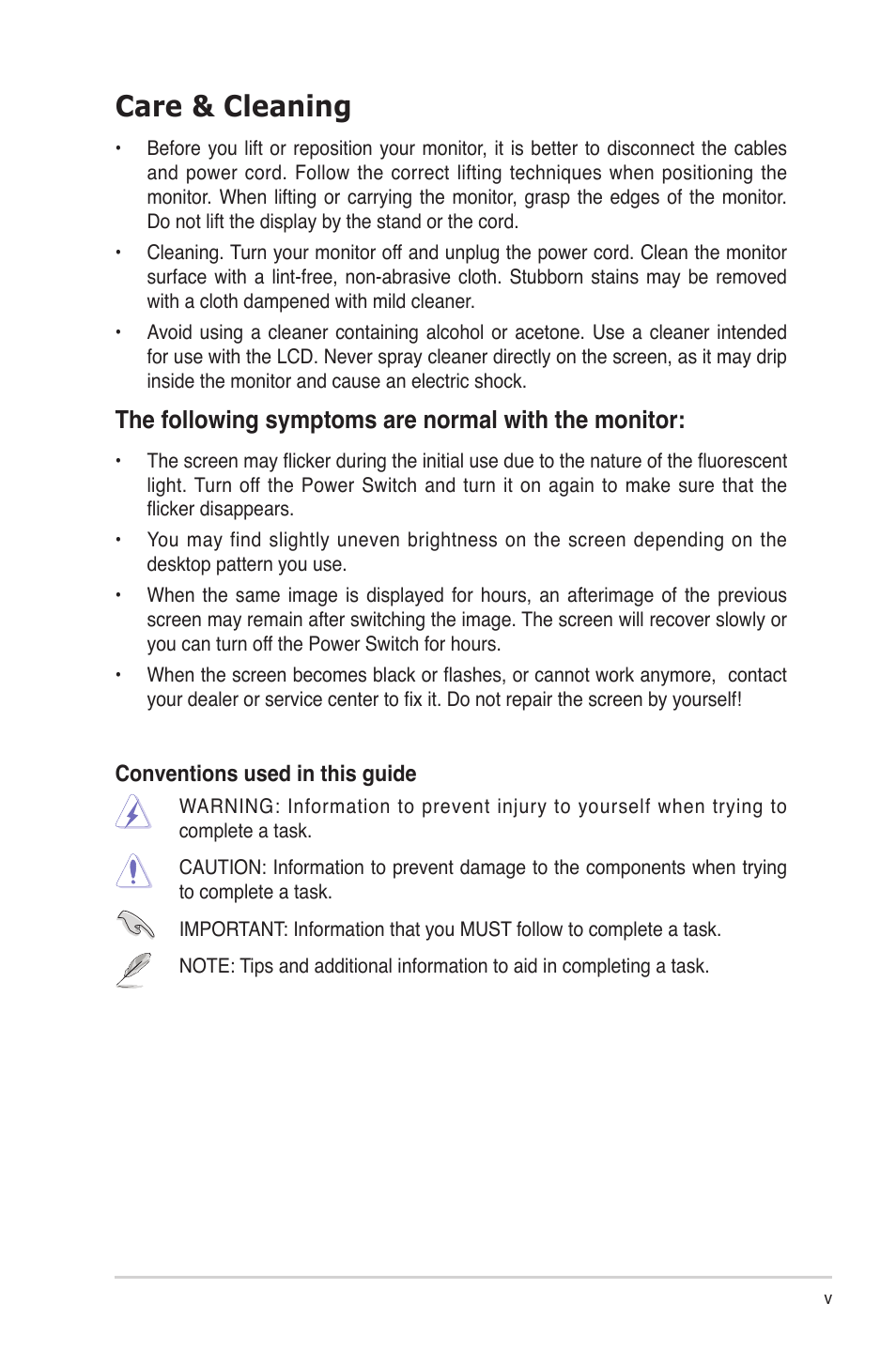 Care & cleaning | Asus VW 198 Series User Manual | Page 5 / 19