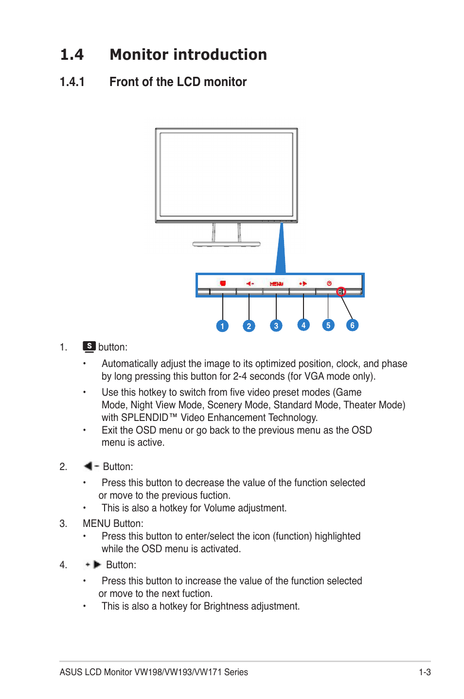 4 monitor introduction, 1 front of the lcd monitor | Asus VW 198 Series User Manual | Page 9 / 19