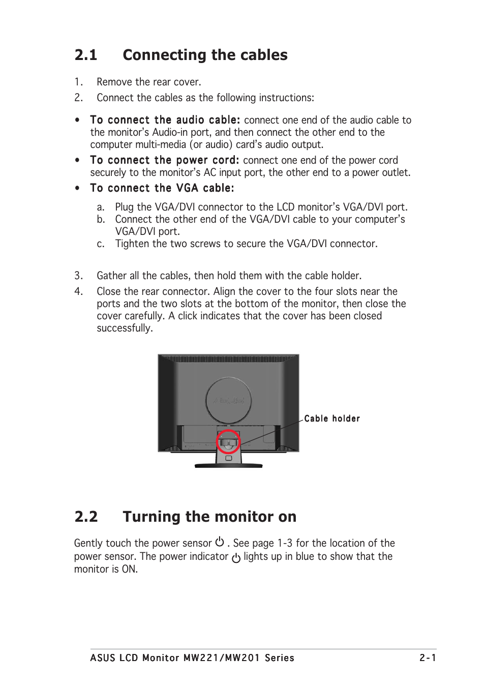 1 connecting the cables, 2 turning the monitor on | Asus MW201 Series User Manual | Page 13 / 22