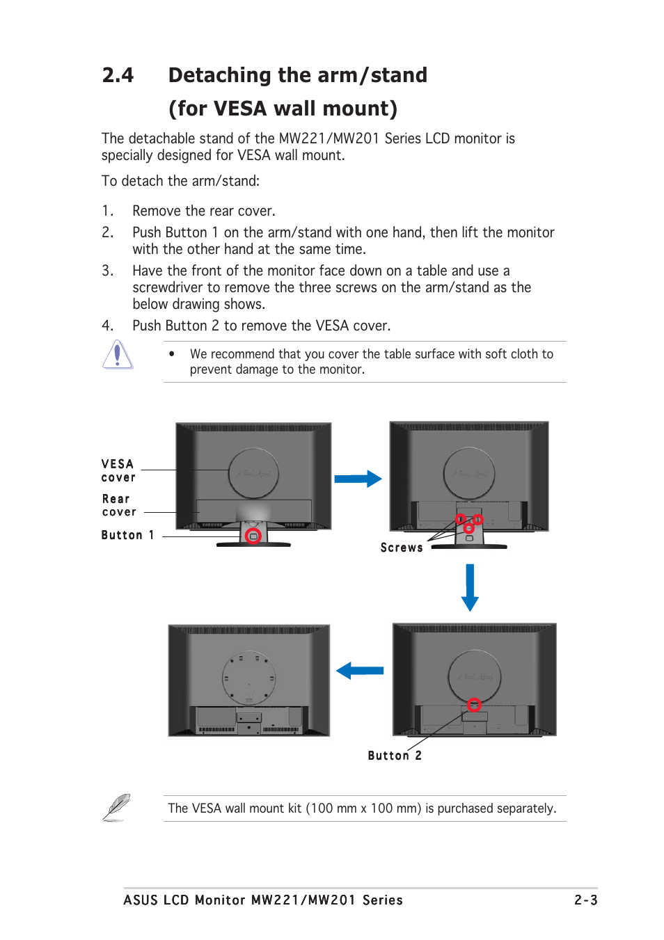 4 detaching the arm/stand (for vesa wall mount) | Asus MW201 Series User Manual | Page 15 / 22